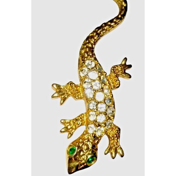 Vintage Gold Tone Lizard Brooch Pave Green White Rhinestones Textured Reptile - Picture 1 of 9